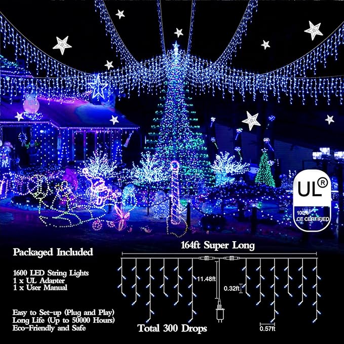 1600 LED 164FT Outdoor Christmas Lights Plug in 8 Modes with Timer Dimmable Christmas Decorations Waterproof Indoor Curtain String Lights for Roof Porch Garden Holiday Wedding Party Decor Blue-BloomoryGarden