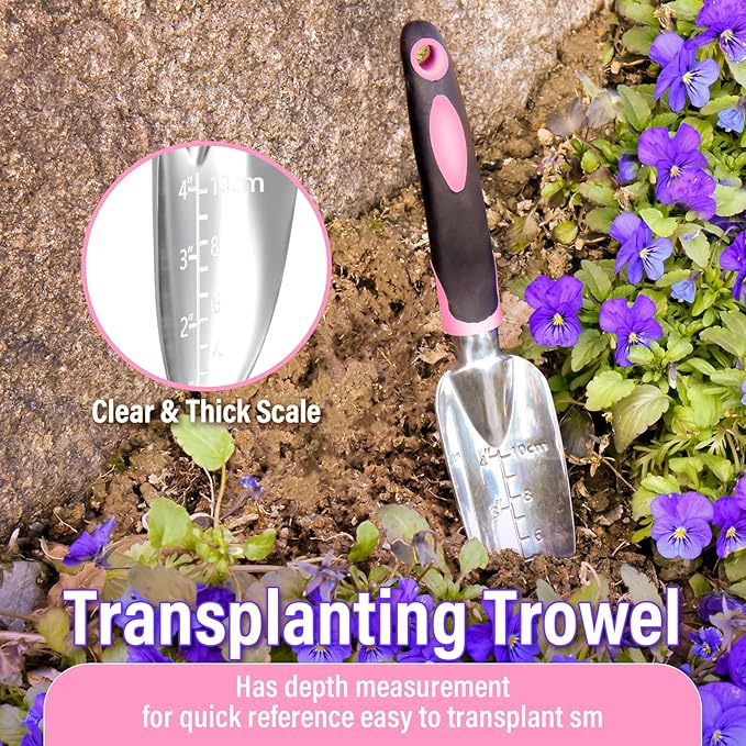 Garden Tool Set SOYUS Heavy Duty 3 Piece Gardening Hand Tools Aluminum Garden Shovel for Planting Hand Trowel Cultivator Rake with Ergonomic Non-Slip Rubber Grip Pink Gardening Gifts for Women-BloomoryGarden