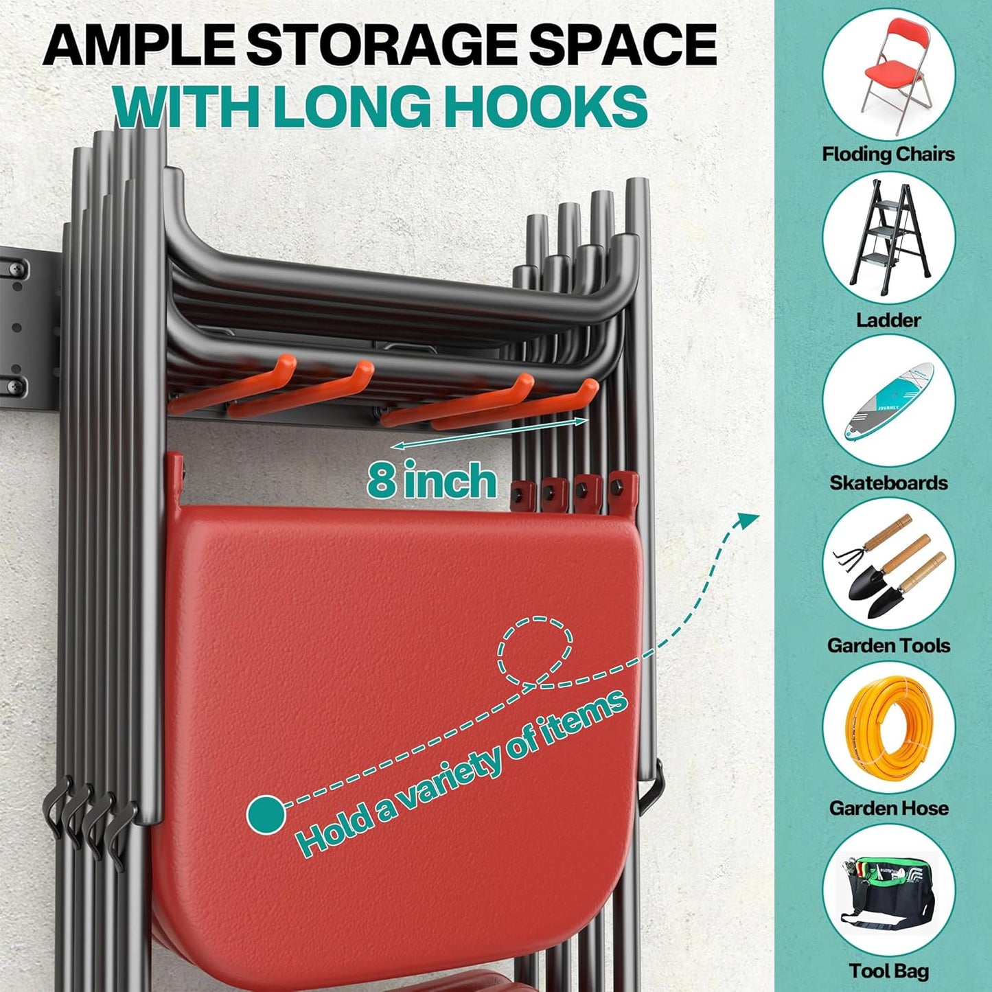 EVERHANGER Garage Tool Storage Organizer Wall Mount, Versatile Garden Tool Rack Organization, Folding Chair Hangers with 8 Multifunctional Hooks, Max Load 330lb, 48inch-BloomoryGarden