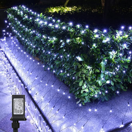 LYHOPE 12ft x 5ft 360 LED Christmas Net Lights, 8 Modes Low Voltage Green Wire Mesh Christmas Decorations Lights for Xmas Trees, Bushes, Wedding, Garden, Outdoor, Indoor Decor (Clear White)-BloomoryGarden