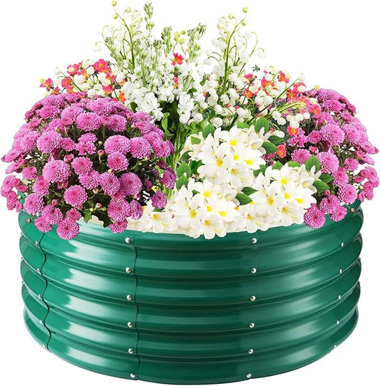 17" Tall Elevated Round Metal Rised Garden Bed- 3.3'x3.3' in Size and 0.8MM Thick Durable Planter Box for Vegetables Flowers Succulent at Patio/Garden Outdoor (Dark Green, 3.3FT Diameter)-BloomoryGarden