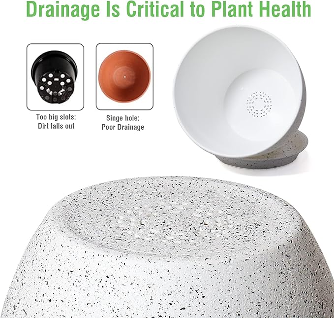 12/10/9 Large Modern Plant Pots, Plastic Planters with Drainage Holes and Saucers for Indoor Outdoor Plants Flowers, White Speckles-BloomoryGarden
