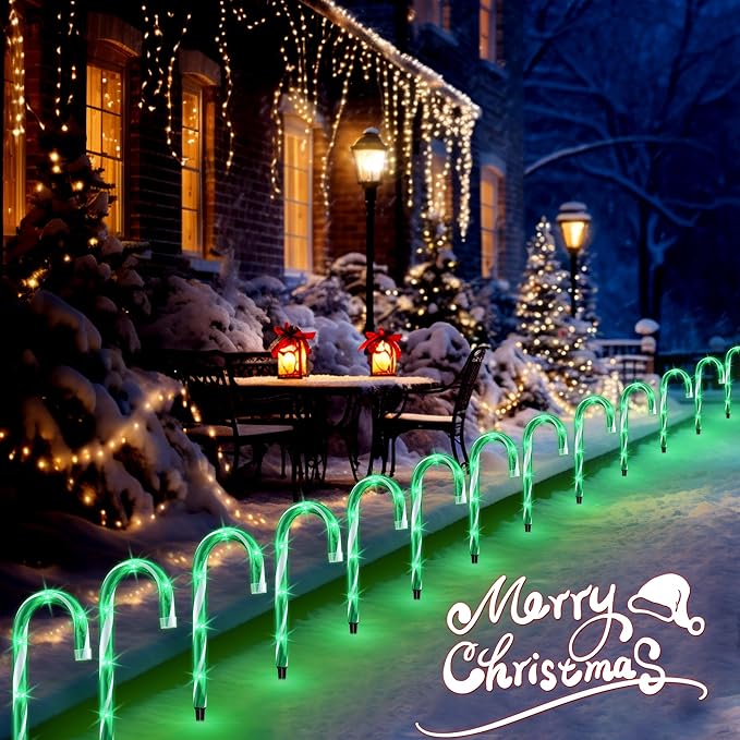 10" 10 Pack Christmas Candy Cane Lights, Candy Cane Lights with 10 Stakes for Walkway Patio Yard Patio Garden Festival Holiday Outdoor Indoor Landscape Path, Christmas Decorations Outside, Green-BloomoryGarden