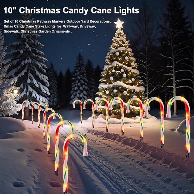 10" Christmas Candy Cane Lights - Set of 10 Pathway Markers Christmas Outdoor Yard Decorations, Xmas Candy Canes Stake Lights for Lawn Walkway Garden, Xmas Party Indoor Ornaments-BloomoryGarden