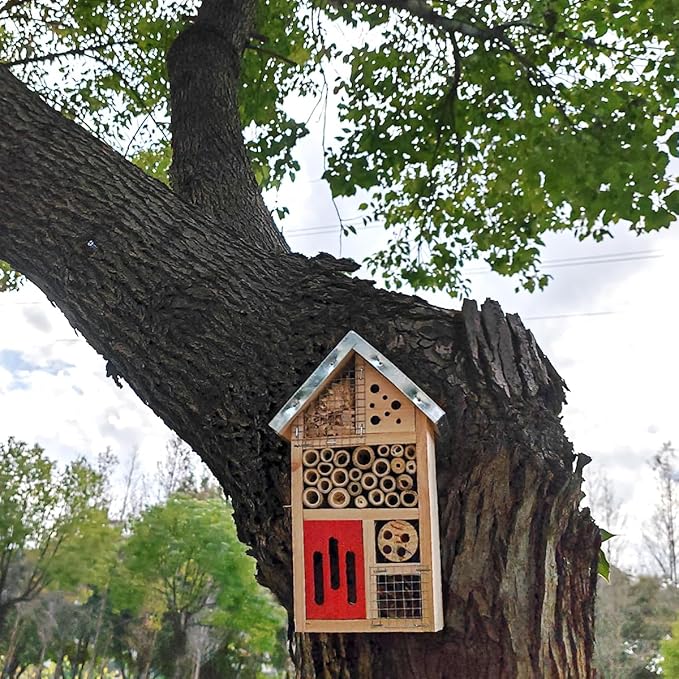 TIHOOD Natural Wooden Hanging Bee House for Gardens Natural Wooden Butterfly Hotel for Bee, Butterfly, Ladybirds, Habitat, Bee Hotel Garden-BloomoryGarden