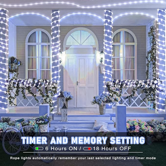100FT 300 LED Rope Lights for Outside, Christmas String Lights with Waterproof 8 Modes, Connectable Plug in Fairy Lights for Indoor Bedroom Outdoor Patio Pool Garden Party Holiday Decor, White-BloomoryGarden