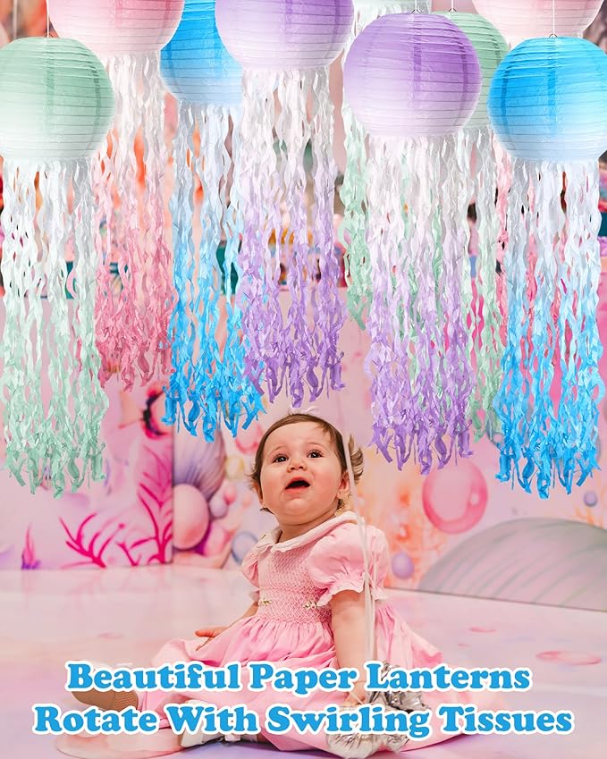 18 Pcs Jellyfish Paper Lanterns Mermaid Birthday Decorations Hanging Lantern Lamps for Ocean Theme Decor Under The Sea Party Supplies(Gradient Color)-BloomoryGarden