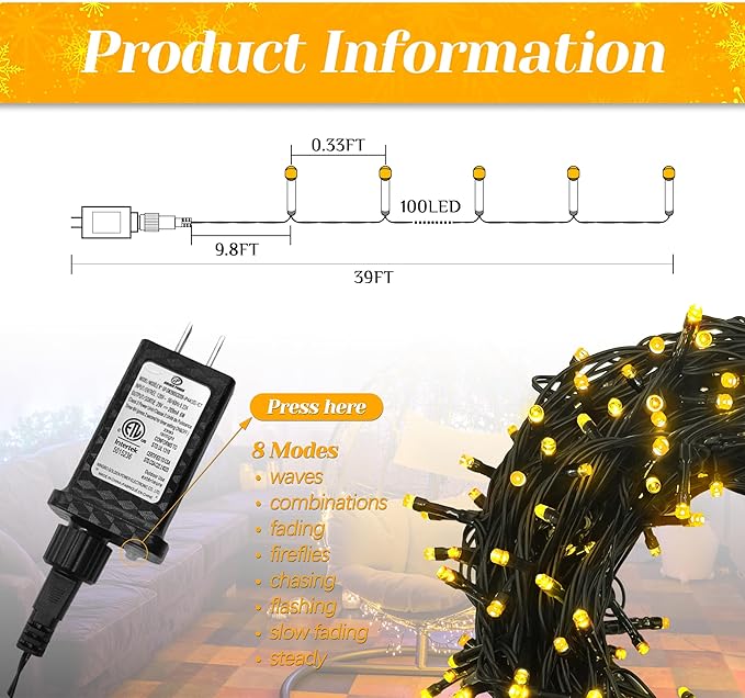 100 LED Christmas String Lights, 39FT Indoor Christmas Lights Plug-in with 8 Modes & Timer & Memory Function, Waterproof Christmas Lights Outdoor for Holiday Party Christmas Tree Decor-BloomoryGarden