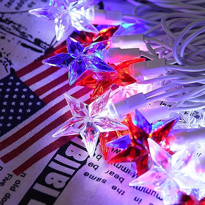 100 LED Red White and Blue Star Lights, 37FT 4th of July Star String Lights Plug in for Home Patio Garden Yard Memorial Day Independence Day Patriotic Decorations Outdoor, White Wire-BloomoryGarden
