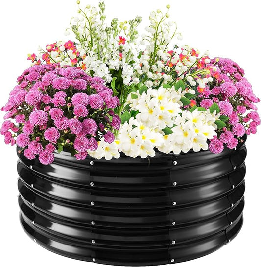 17" Tall Elevated Round Metal Rised Garden Bed- 2.7'x2.7' in Size and 0.8MM Thick Durable Planter Box for Vegetables Flowers Succulent at Patio/Garden Outdoor (Black, 2.7FT Diameter)-BloomoryGarden