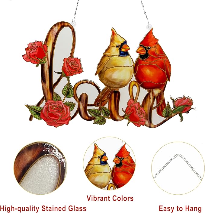 Love with Red Cardinal Suncatcher Red Bird Stained Glass Suncatchers Window Hanging Ornament for Home Decor for Valentine's Day Mother's Day Women Mom Birds Lovers Friends (Love)-BloomoryGarden