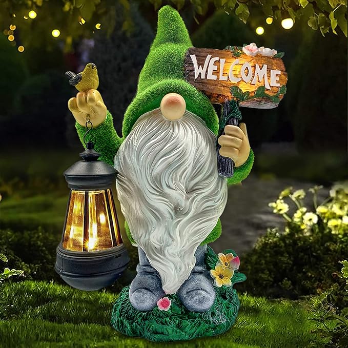 Lovinland Garden Gnome Statue Outdoor Decor Large Flocked Resin Gnome Figurine with Solar Light Holding Lantern Welcome Sign Garden Yard Decorations Dwarf Sculpture for Outside Patio Porch Lawn Decor-BloomoryGarden