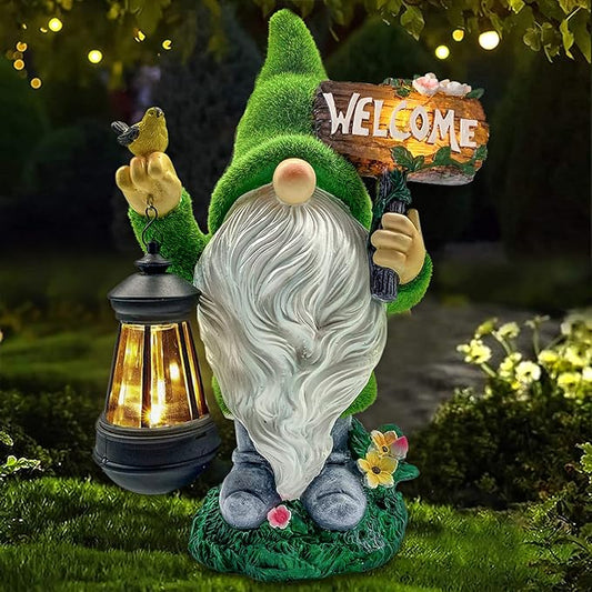 Lovinland Garden Gnome Statue Outdoor Decor Large Flocked Resin Gnome Figurine with Solar Light Holding Lantern Welcome Sign Garden Yard Decorations Dwarf Sculpture for Outside Patio Porch Lawn Decor-BloomoryGarden