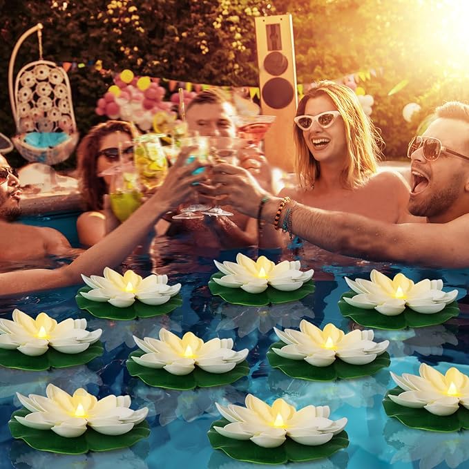12 PCS Waterproof Floating Lotus Light - Floating Flower Light Battery Operated Water Activated Warm White Pool Flower Lamp Wedding,Anniversary,Garden Decoration-BloomoryGarden