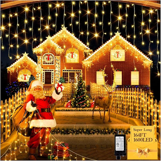 1600 LED 164FT Outdoor Christmas Lights Plug in 8 Modes with Timer Dimmable Christmas Decorations Waterproof Indoor Curtain String Lights for Roof Porch Garden Holiday Wedding Party Decor Warm White-BloomoryGarden