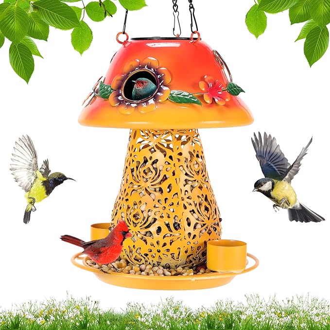Mushroom Solar Bird Feeders for Outdoors Hanging Metal Wild Bird Feeder Garden Lantern with S Hook for Garden Decoration Orange-BloomoryGarden