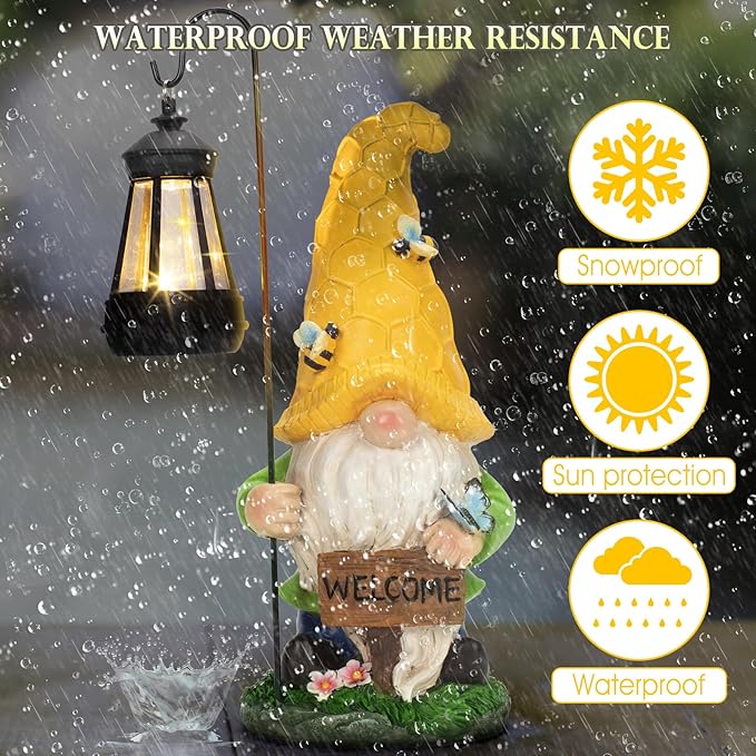 12.6'' Solar Large Garden Gnomes Outdoor Statues with Lantern, Welcome Gnome Garden Outdoor Decor Gift Waterproof Decoration for Patio, Balcony, Yard Ornament - Unique Housewarming Gifts-BloomoryGarden