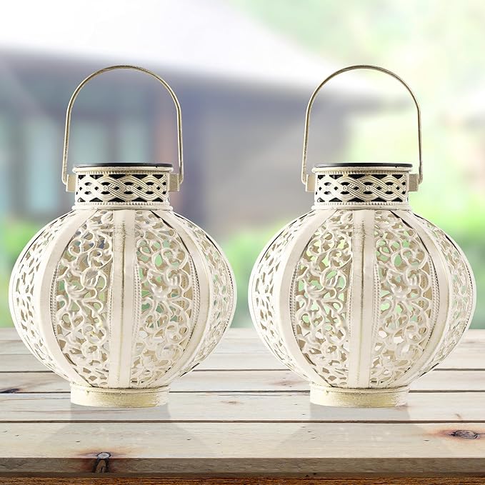 MAGGIFT 2 Pack Hanging Solar Lights for Outside,Solar Lanterns Outdoor Waterproof,Retro Hanging Lantern with Handle for Yard, Garden Decor, Gardening Gifts, Mom Birthday Gift, Beige White-BloomoryGarden
