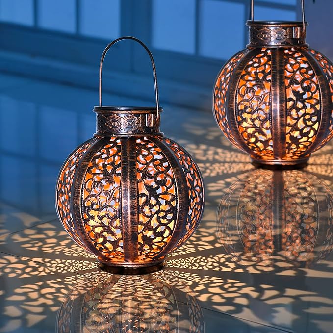 MAGGIFT 2 Pack Hanging Solar Lights,Outdoor Ramadan Solar Lanterns Decorations,Waterproof Hanging Solar Light 6 Lumens,Brown-BloomoryGarden