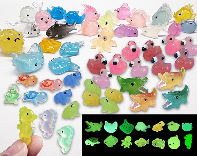 Luminous Mini Resin Ocean Animals 50Pcs Tiny Animals Tiny Turtle Octopus Seahorse Crocodile Dolphin Shark Frog Glow in The Dark for Garden Miniatures Accessories Landscape Aquarium Potted Decoration-BloomoryGarden