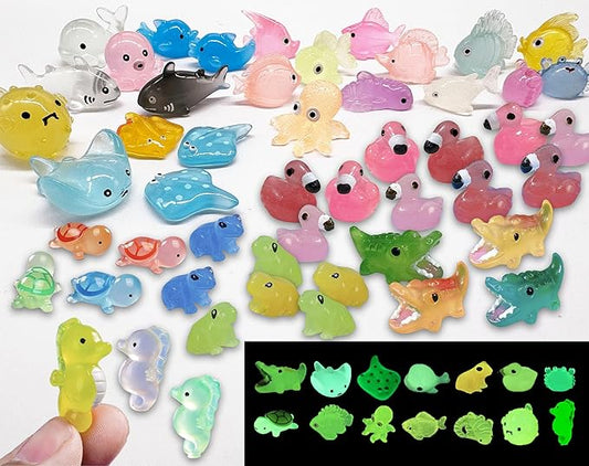 Luminous Mini Resin Ocean Animals 50Pcs Tiny Animals Tiny Turtle Octopus Seahorse Crocodile Dolphin Shark Frog Glow in The Dark for Garden Miniatures Accessories Landscape Aquarium Potted Decoration-BloomoryGarden