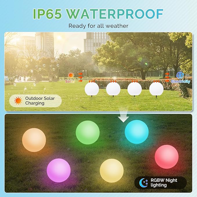 LOFTEK Solar Ball Lights with Ground Stake, RGBW Colors Changing Mood IP65 Waterproof Rechargeable Night Lights - Outdoor Solar Lights for Lawn Patio Yard Walkway, 8-inch-BloomoryGarden