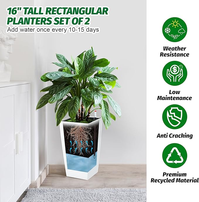 16" Tall Planters Set of 2, Outdoor＆Indoor Black Planter Pots, High Front Porch Planter Pots with Drainage Holes＆Water Level Monitor＆Inner Bucket, Automatic Watering,White-BloomoryGarden