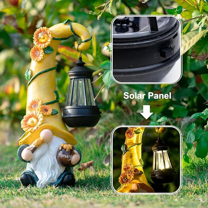12" Solar Gnome Garden Statues Honey Bee jar Decor with LED Lantern Outdoor Spring Gnomes Decorations Patio Yard Balcony Art Gifts for Women Mom Grandma-BloomoryGarden
