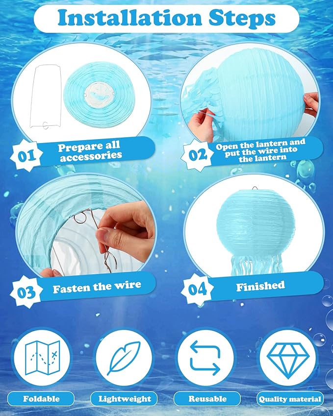 18 Pcs Jellyfish Paper Lanterns Mermaid Birthday Decorations Hanging Lantern Lamps for Ocean Theme Decor Under The Sea Party Supplies (Blue)-BloomoryGarden