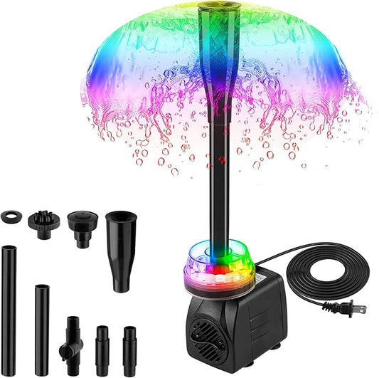 15W 800L/H Submersible Pond Fountain Pump with LED Lights, Ultra Quiet Water Pump, Pond Fountains Pump for Small Pond, Koi, Garden, Aquariums, Fish Tanks, Indoor Outdoor Fountain 3 Type Nozzles-BloomoryGarden