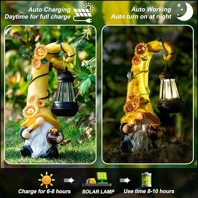 12" Solar Gnome Garden Statues Honey Bee jar Decor with LED Lantern Outdoor Spring Gnomes Decorations Patio Yard Balcony Art Gifts for Women Mom Grandma-BloomoryGarden