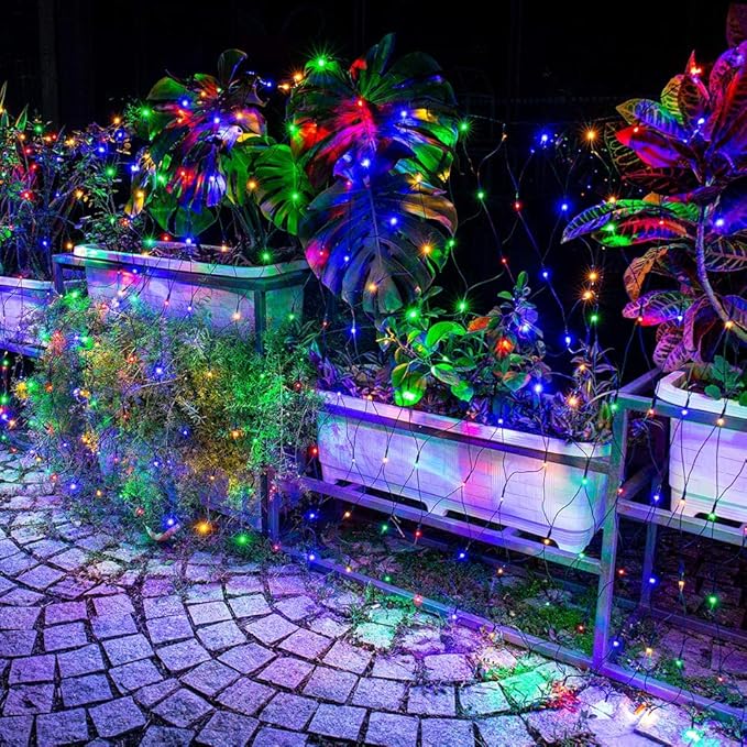Lomotech 12ft x 5ft 360 LED Christmas Net Lights, 8 Modes Waterproof With Timer Low Voltage Connectable Mesh Lights for Trees, Bushes, Shurb, Garden, Outdoor Decoration(Green Wire, Multi-colored)-BloomoryGarden