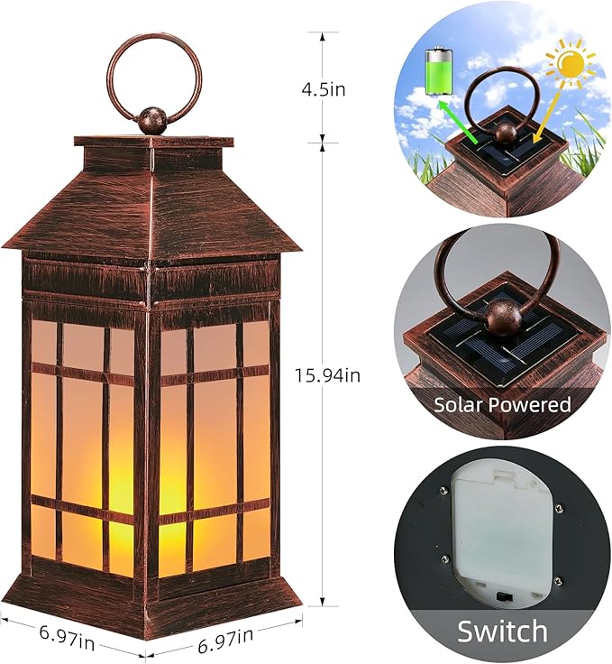 18" Glass Solar Lanterns Outdoor Waterproof, Large Solar Flickering Flame Lantern, Outdoor Lantern Decorative Metal Solar Garden Light for Patio Garden Backyard Outside Tabletop Decor(Vintage Copper)-BloomoryGarden