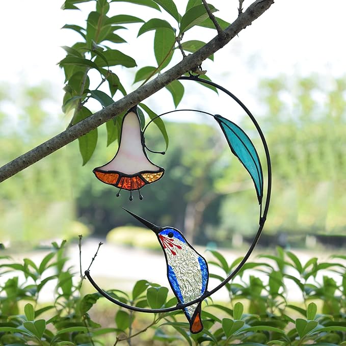 Lolitarcrafts Hummingbird with Flower Stained Glass Suncatcher Bird Stained Glass Window Hangings Hummingbird Gift for Home Decor (Blue)-BloomoryGarden