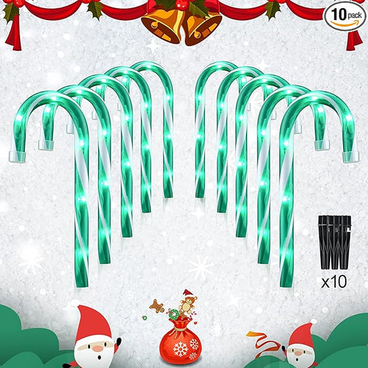 10" Christmas Candy Cane Lights - Set of 10 Pathway Markers Christmas Outdoor Yard Decorations, Green Xmas Candy Cane Stake Lights for Lawn, Walkway, Garden, Xmas Party Indoor Ornaments-BloomoryGarden