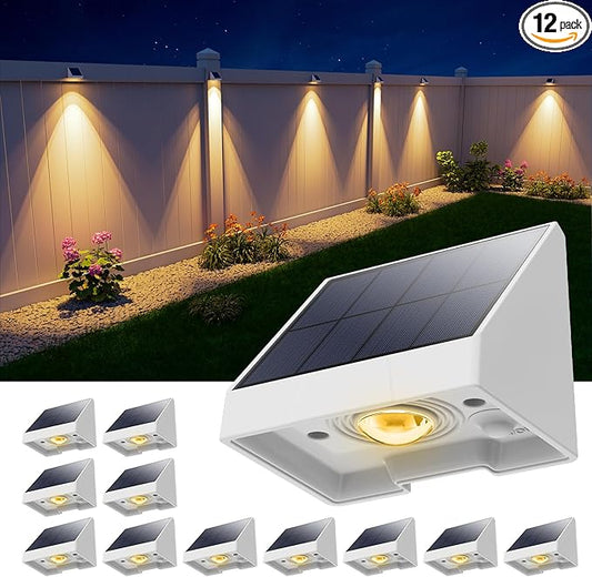 12 Pack Decorative Solar Powered Fence Lights Outdoor Waterproof with Warm White LED Spot Lens, for Outside Deck, Patio, Yard, Rail, Garage, Designed for Wall Lighting, Easy Install ( White Shell )-BloomoryGarden