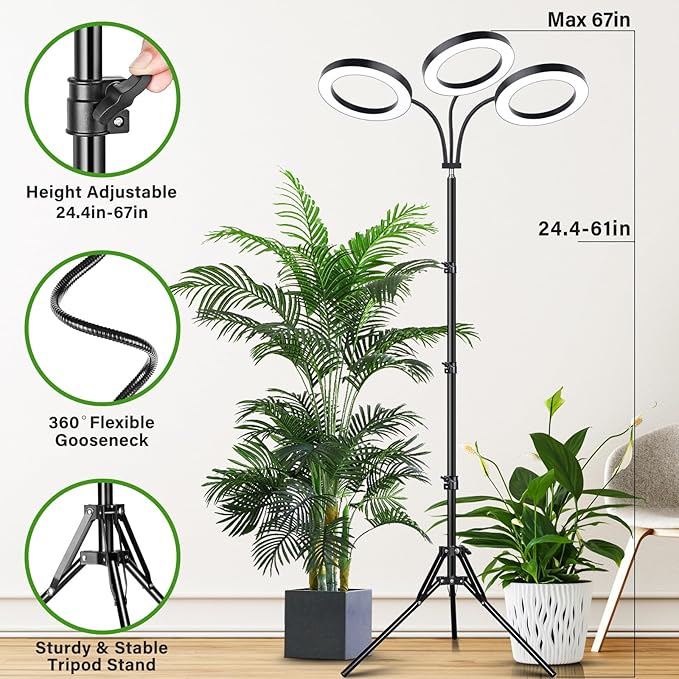 LORDEM Grow Light for Indoor Plants, 7.9" Diameter Tri-Head Plant Light for Plants Growing, Full Spectrum Growth Lamp with Auto Timer 3/6/12H, 4 Dimmable Levels, 3 Lighting Modes, Adjustable Stand-BloomoryGarden