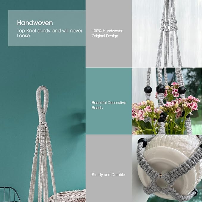Macrame Plant Hanger for 5 to 10 Inch Plant Pots, Set of 2 Indoor Handmade 35 Inch Woven Rope Hanger Kits with Hooks and Wood Beads, Hanging Planter Basket Holder for Boho Home Decor (Grey, 2 Pack)-BloomoryGarden