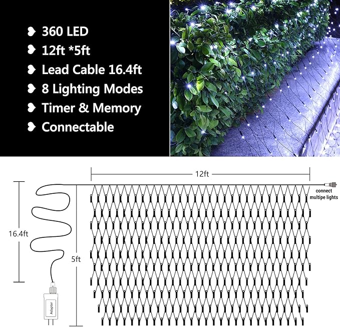 LYHOPE 12ft x 5ft 360 LED Christmas Net Lights, 8 Modes Low Voltage Green Wire Mesh Christmas Decorations Lights for Xmas Trees, Bushes, Wedding, Garden, Outdoor, Indoor Decor (Clear White)-BloomoryGarden