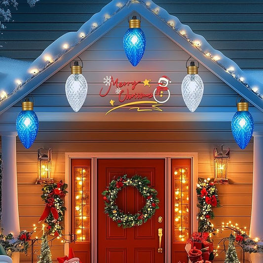 11Feet 5 LED Super Jumbo Christmas String Lights or Pathway Marker Lights, Outdoor Xmas Decorations- Jumbo C9 Hanging Lights Waterproof Lawn Dec for Holiday Home Tree Roof Yard Garden, Blue ＆ White-BloomoryGarden