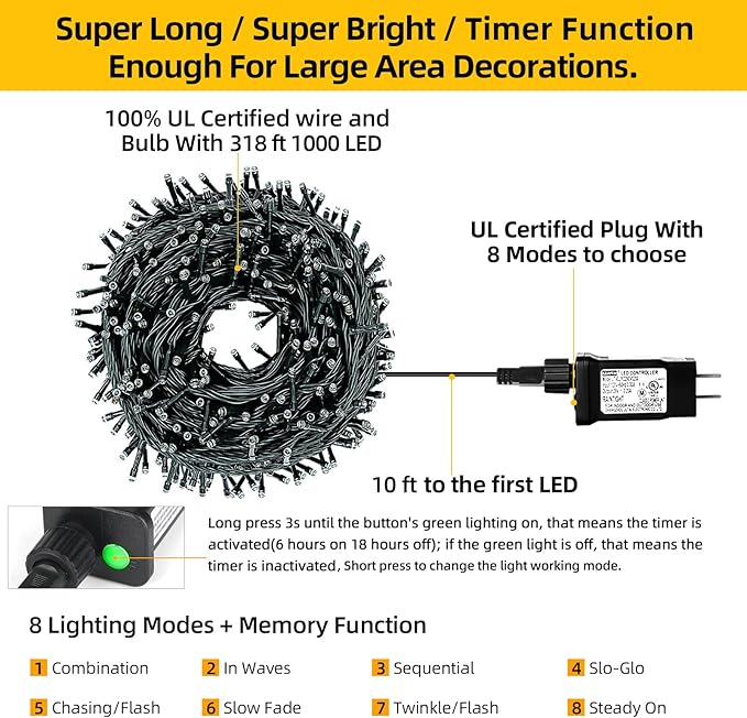 1000 LED 328ft 8 Modes with Timer Christmas String Lights IP55 Outdoor Waterproof UL Certificated Indoor Fairy Lights Garden Patio Wedding Christma Trees Parties Decoration White Light-BloomoryGarden