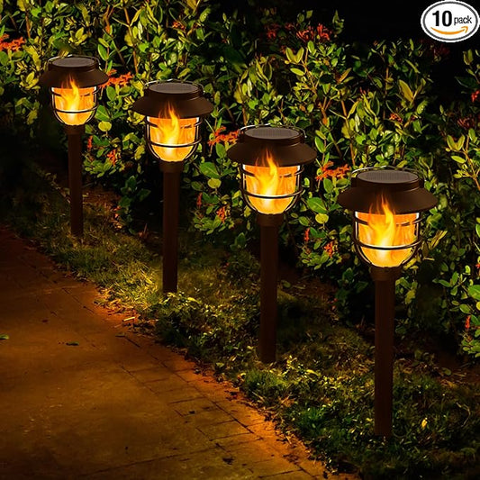 10 Pack Solar Pathway Lights Outdoor - Bright Solar Powered Garden Lights with Flickering Flame, Auto On/Off Waterproof Path Lights Decorative, Landscape Lighting for Yard Patio Walkway Driveway-BloomoryGarden