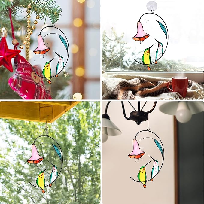 Lolitarcrafts Hummingbird with Flower Stained Glass Suncatcher Bird Stained Glass Window Hangings Hummingbird Gift for Home Decor (Green 1 Pair)-BloomoryGarden