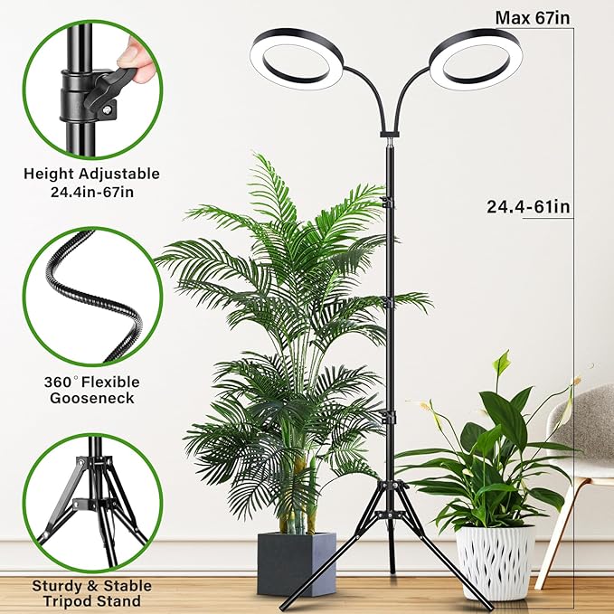 LORDEM Grow Light for Indoor Plants, 7.9" Diameter Dual-Head Plant Light for Plants Growing, Full Spectrum Growth Lamp with Auto Timer 3/6/12H, 4 Dimmable Levels, 3 Lighting Modes, Adjustable Stand-BloomoryGarden
