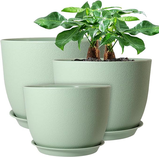 12/10/9 Large Modern Plant Pots, Plastic Planters with Drainage Holes and Saucers for Indoor Outdoor Plants Flowers, Green-BloomoryGarden