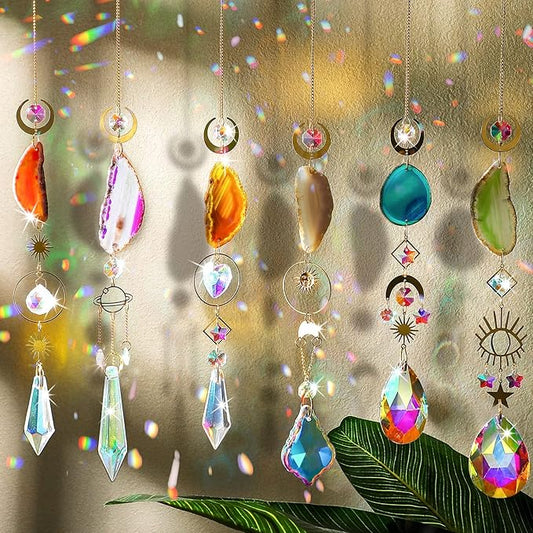 Maitys 6 Pcs 6 Pcs Crystal Suncatcher Sun Catchers Indoor Window Hanging Sun Catchers with Light Catcher with Prisms and Agate Slices for Indoor Outdoor Home Garden Wedding Decor (Colorful Crystal)-BloomoryGarden