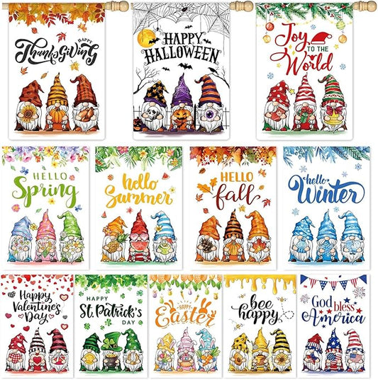 12 Pcs Three Gnomes Seasonal Large Garden Flags Double Sided Seasonal Truck Garden Flags for All Seasons Set of 12 Spring Easter Valentine Halloween Christmas Holiday Yard Decoration, Welcome Outdoor-BloomoryGarden