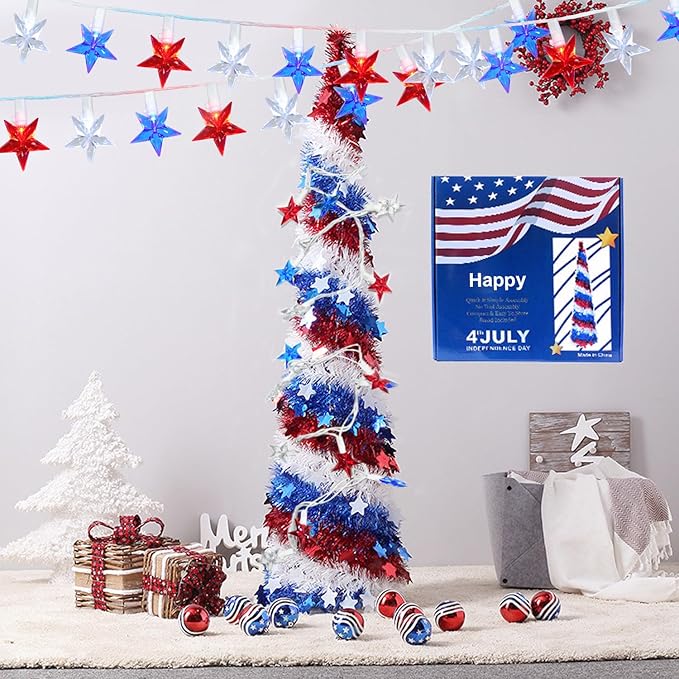 100 LED Red White and Blue Star Lights, 37FT 4th of July Star String Lights Plug in for Home Patio Garden Yard Memorial Day Independence Day Patriotic Decorations Outdoor, White Wire-BloomoryGarden