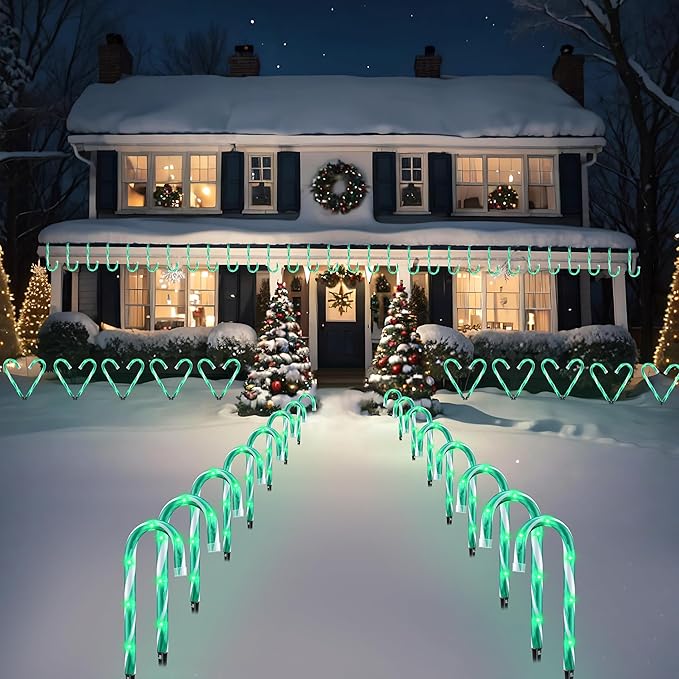10" Christmas Candy Cane Lights - Set of 10 Pathway Markers Christmas Outdoor Yard Decorations, Green Xmas Candy Cane Stake Lights for Lawn, Walkway, Garden, Xmas Party Indoor Ornaments-BloomoryGarden