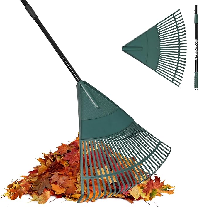 ORIENTOOLS Garden Leaf Rake, Garden Rakes for Lawns Leaves with 47-65" Adjustable Black Handle Rake, 26 Strong Tines Plastic Head Shrub Rake, Yard Garden Rake for Lawns, Flower Beds Leaves Cleaning-BloomoryGarden